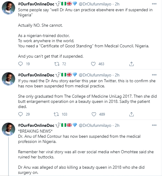 Dr. Anu of Med Contour has been suspended from the medical profession in Nigeria and she also cannot practice anywhere in the world