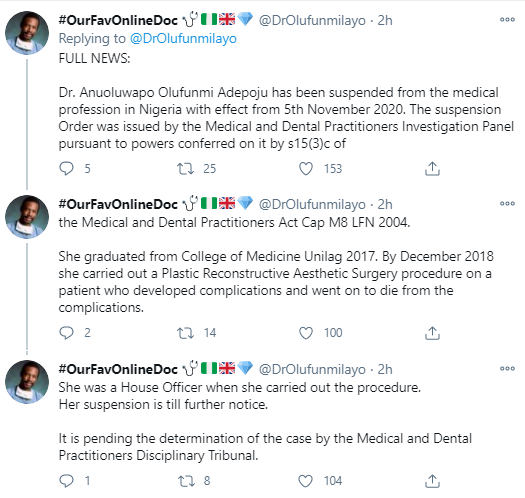 Dr. Anu of Med Contour has been suspended from the medical profession in Nigeria and she also cannot practice anywhere in the world