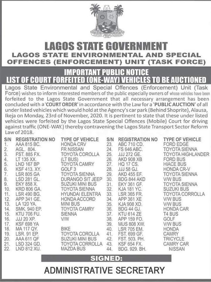 Lagos state government to auction 44 vehicles seized from residents caught driving against traffic
