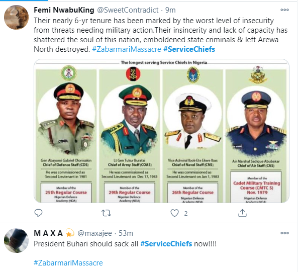 #ServiceChiefs trend as Nigerians react to killing of 43 farmers in Borno by Boko Haram terrorists 