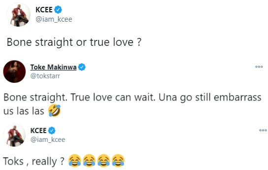 Hilarious conversation between Toke Makinwa and singer KCee about Bone straight hair