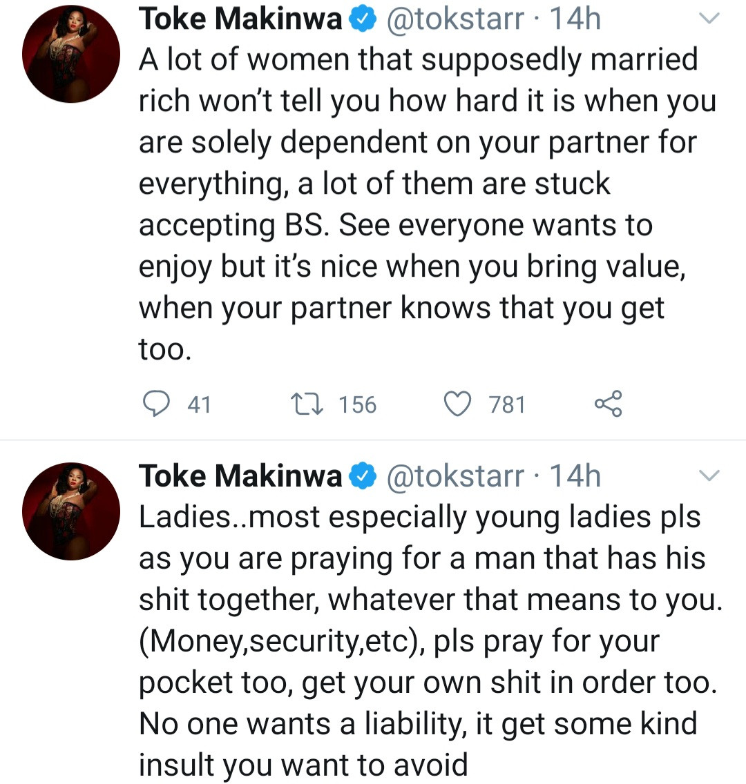 Toke Makinwa explains why women need to make their own money while praying for a man 
