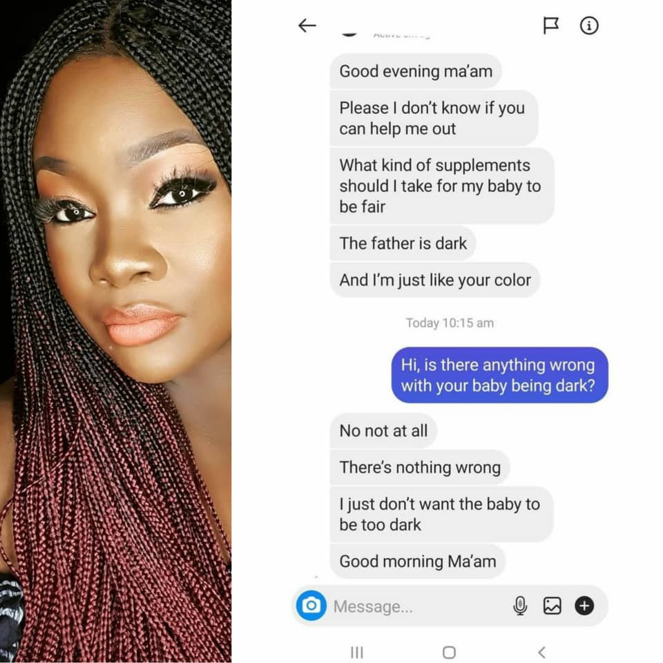 OAP Toolz shares screenshots of DM she received from a pregnant woman asking about supplements to take to make her unborn child fair in complexion 