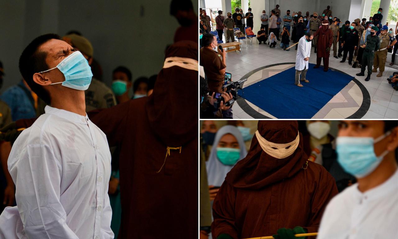 Two gay men are caned 77 times each in Indonesia after they were caught having s3x (Photos/Video)