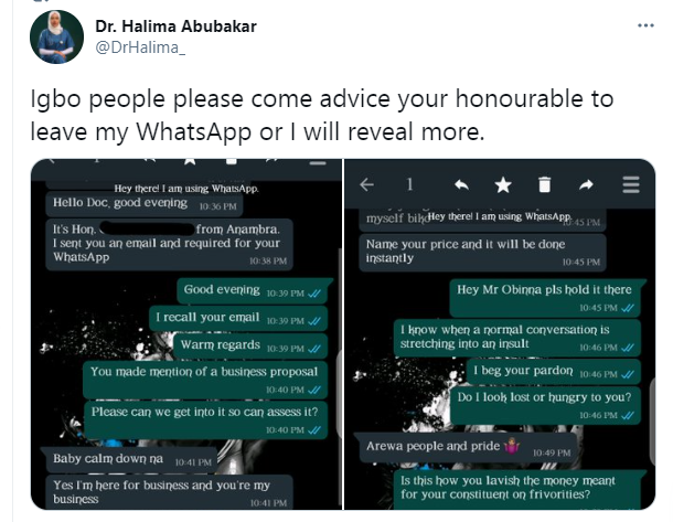 Northern female doctor calls out Igbo lawmaker who is asking her for a romantic relationship