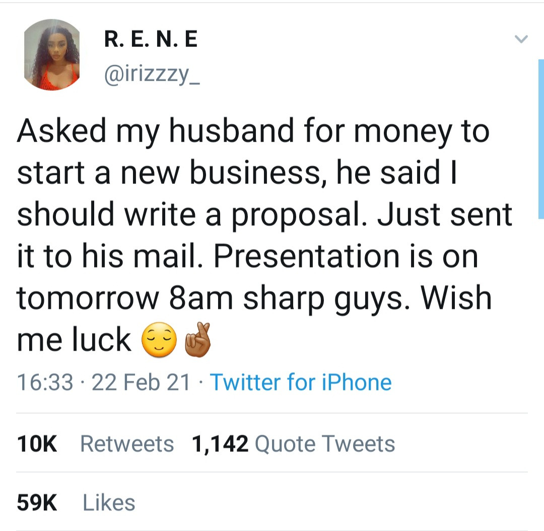 Woman reveals demand her husband made when she asked him for money to start a new business