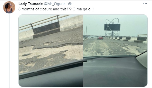 Lady shares photos which showed state of Third Mainland Bridge after it was reopened today after 6 months of repair