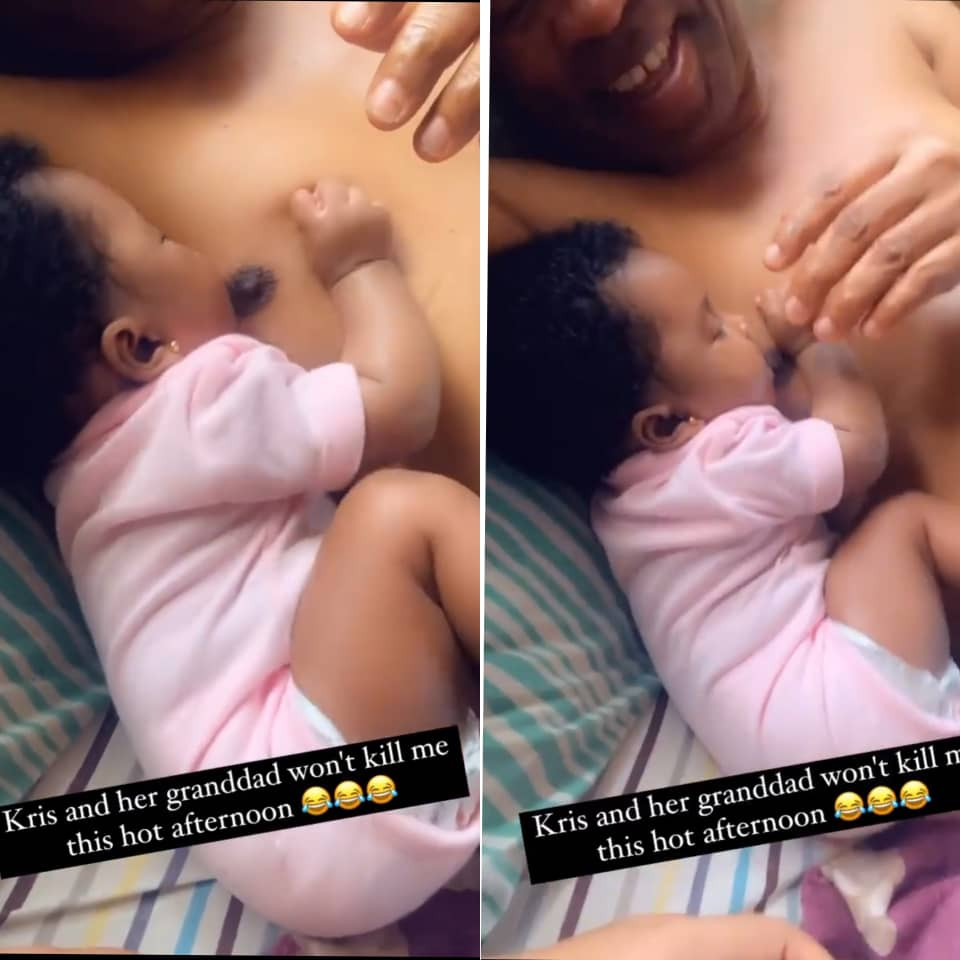 Comedienne, Etinosa shares adorable video of her daughter attempting to suck her grandfather