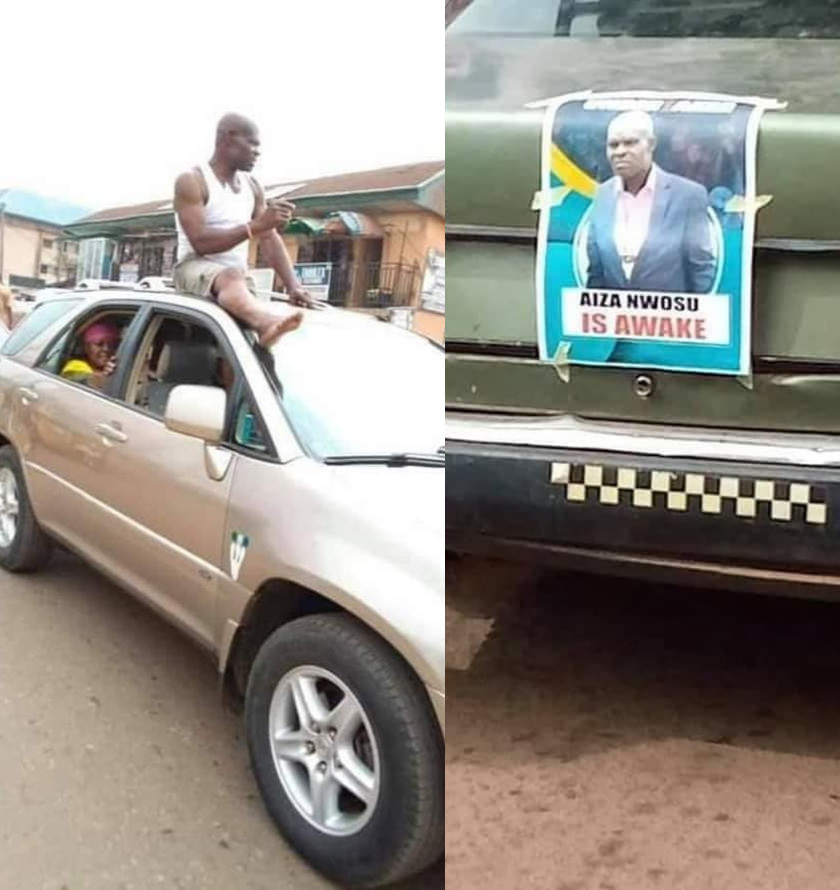 Man rumoured to have died in an accident parades the village in a motorcade and a poster that reads "Aiza Nwosu is awake"