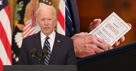 Joe Biden, 78, accidentally reveals cheat sheets and prompts he used to navigate his first press conference (photos)
