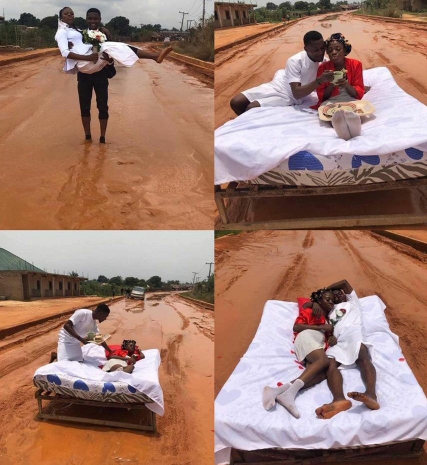 Couple stage their honeymoon on the bad Ohi-Orogwe road in Imo 