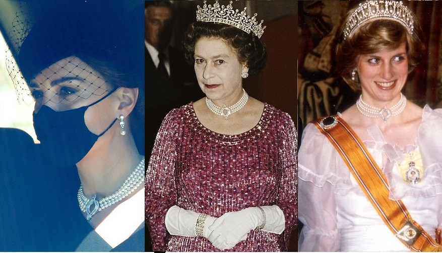 Kate Middleton wears a diamond and pearl necklace the Queen once loaned to Princess Diana for Prince Philip