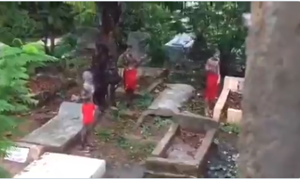 Shocking video of three suspected "Yahoo boys" caught bathing at a cemetery?