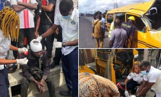 Man dies, others injured as commercial bus tumbles after one of its tyres burst while driving on top speed in Lagos (photos)