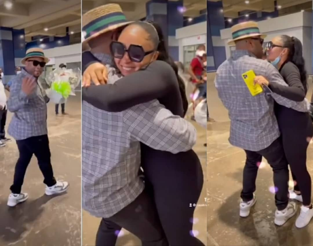 Rosy Meurer receives warm welcome from her husband, Olakunle Churchill, as she returns to Nigeria with their son (video)