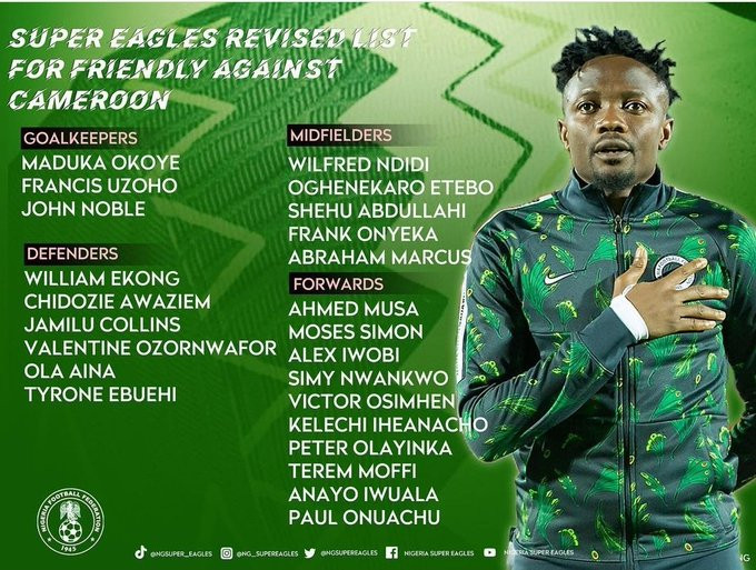 NFF releases Super Eagles squad list for friendly match against Cameroon