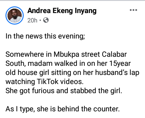 Woman allegedly stabs her 15-year-old housemaid in Calabar after she found her sitting on husband