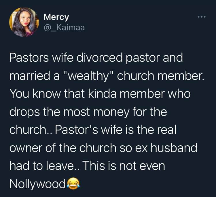 Lady divorces Pastor husband to marry wealthy church member 