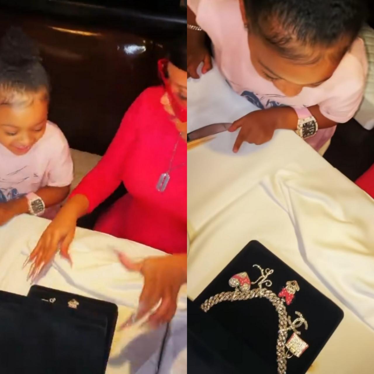 Cardi B gifts daughter, Kulture, a blinged-out charm necklace for her 3rd birthday after Offset gave the child a $250,000 Richard Mille watch (video)
