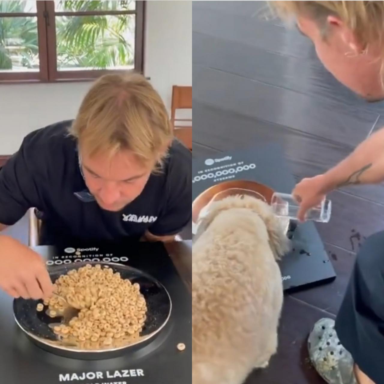 American DJ, Diplo uses Spotify plaque as a dog bowl and a plate to eat his cereal (video)