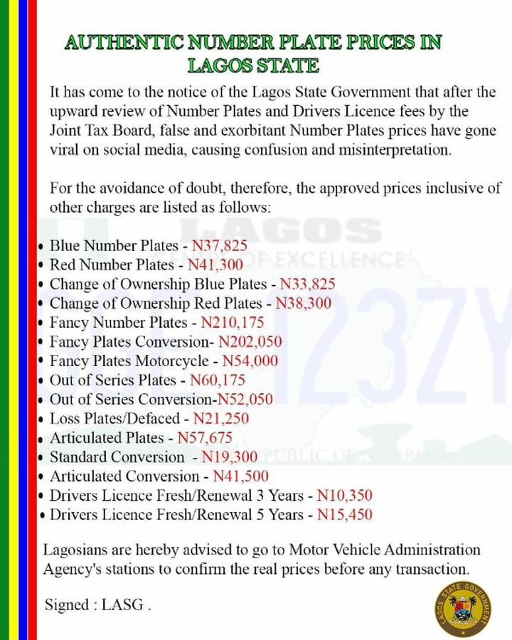 Lagos State Govt. Releases Authentic Number Plate Prices - autojosh