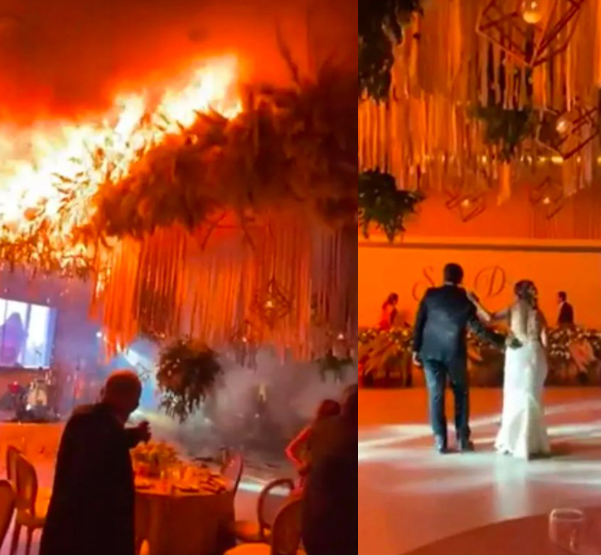 Wedding guests run for their lives as huge fire erupts at wedding reception while the new couple were having their first dance (video)