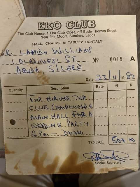 Old receipt shows it cost N500 to rent hall for weddings at Eko Club in 1982