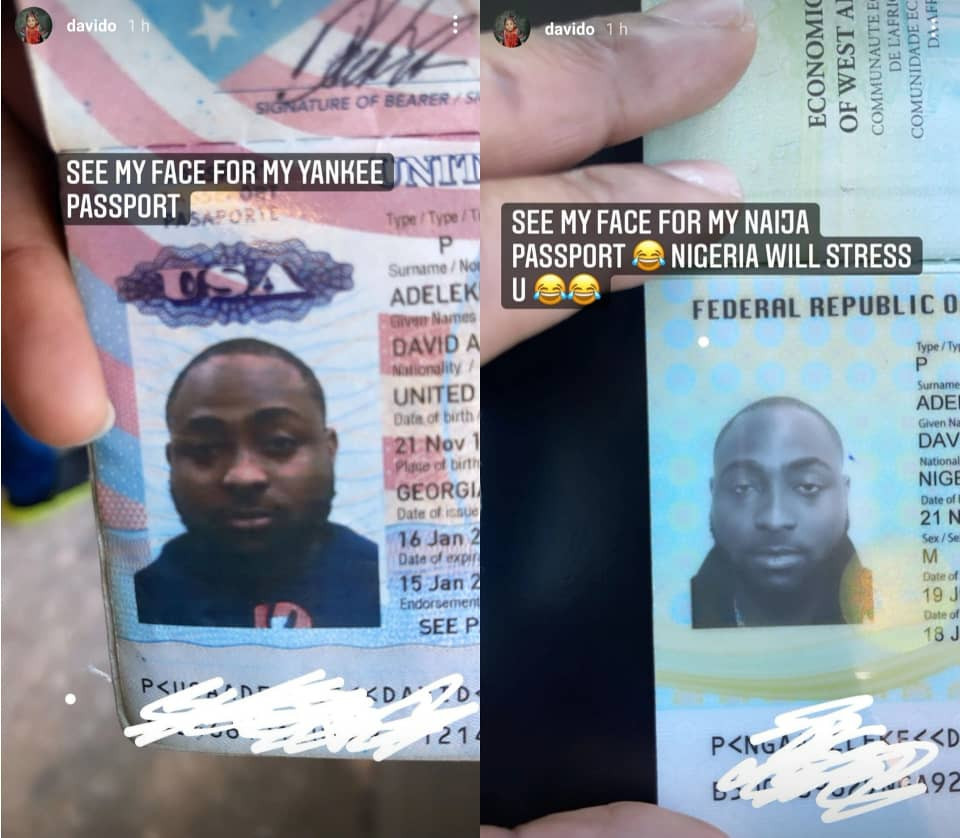 ?Nigeria will stress you?- Davido says as he shares the different ?faces? he wore on his American and Nigerian passport