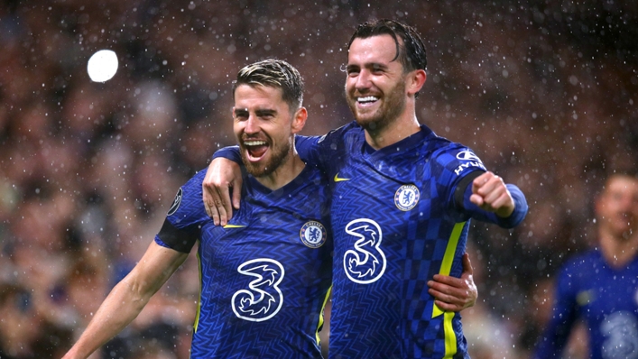 Jorginho (L) and Ben Chilwell celebrate during Chelsea's win over Malmo