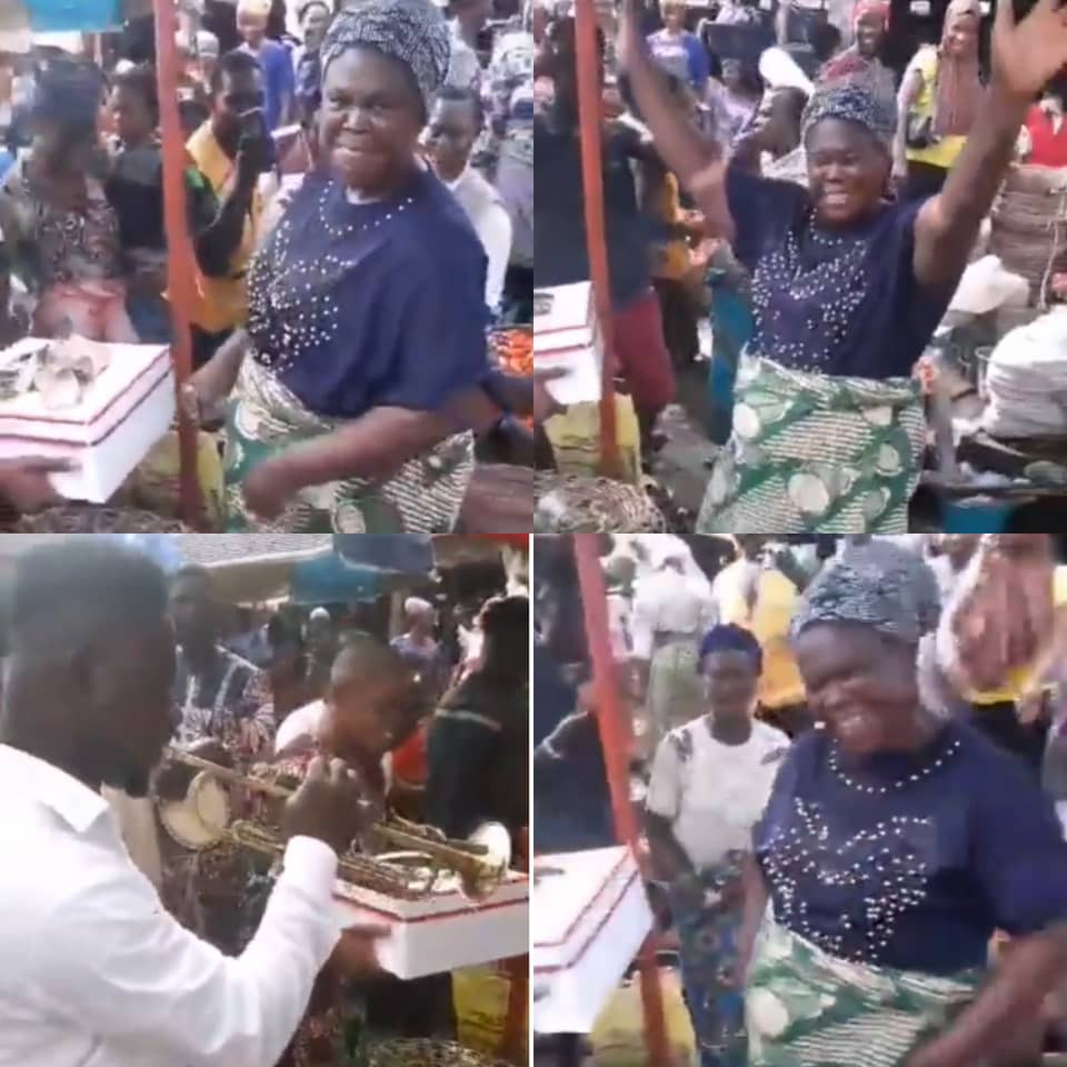 Heartwarming! Nigerian man storms Lagos market with cake and music to celebrate his mum as she turns a year older (video)