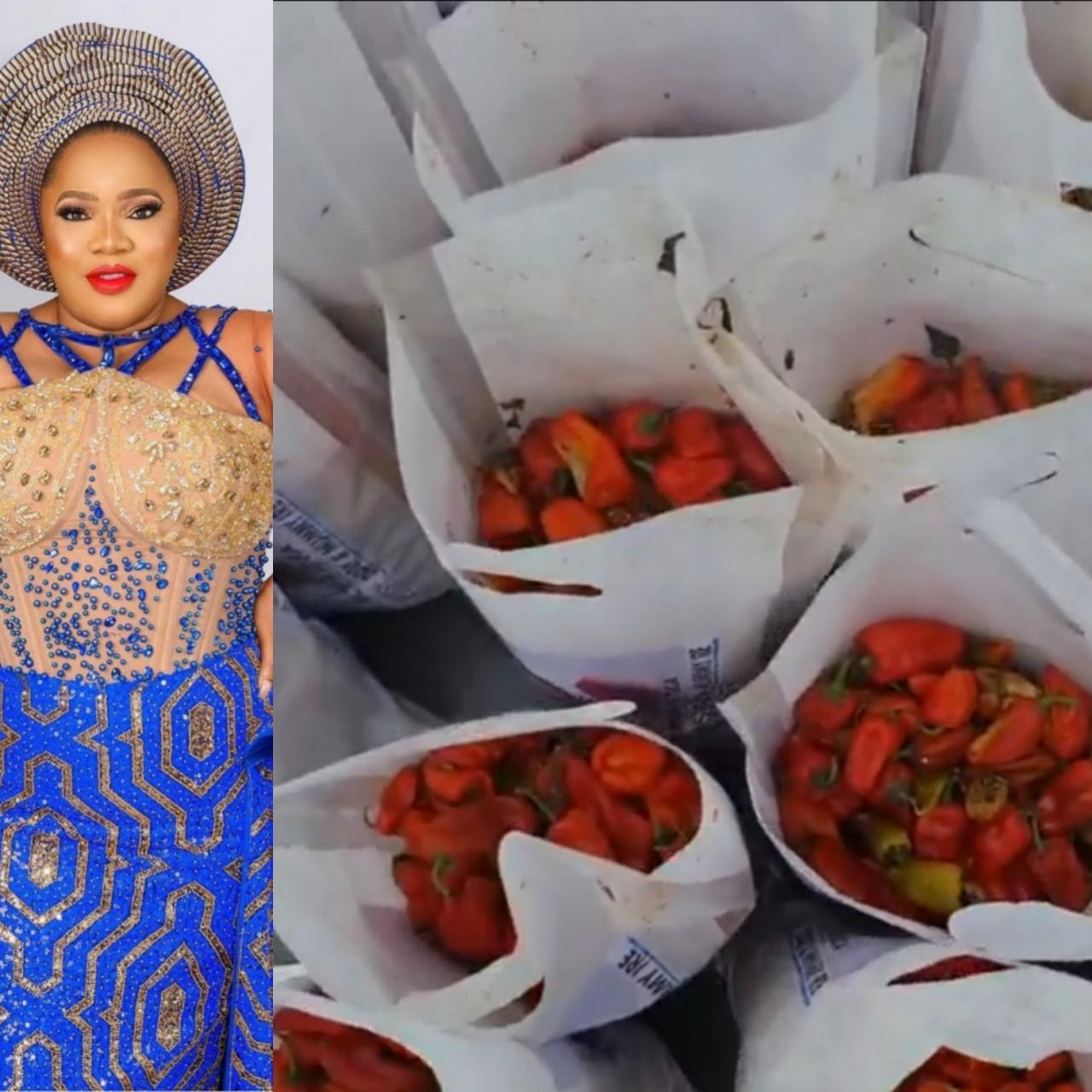 Toyin Abraham shared bags of red pepper to guests at Iyabo Ojo