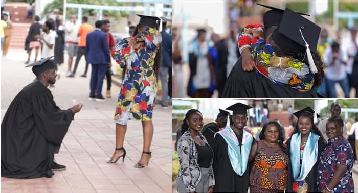 Lady sheds tears of joy as her boyfriend proposes at their graduation ceremony