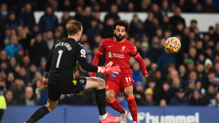 Mohamed Salah scores the first of his goals against Everton