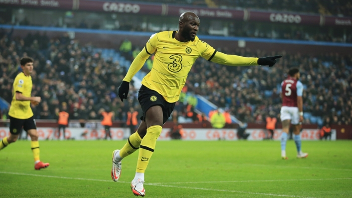 Romelu Lukaku celebrates scoring Chelsea's second goal at Aston Villa
