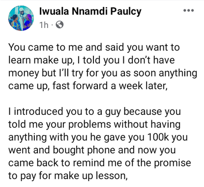 Lady who asked for money to pay for makeup training lessons buys new phone with N100K given to her 