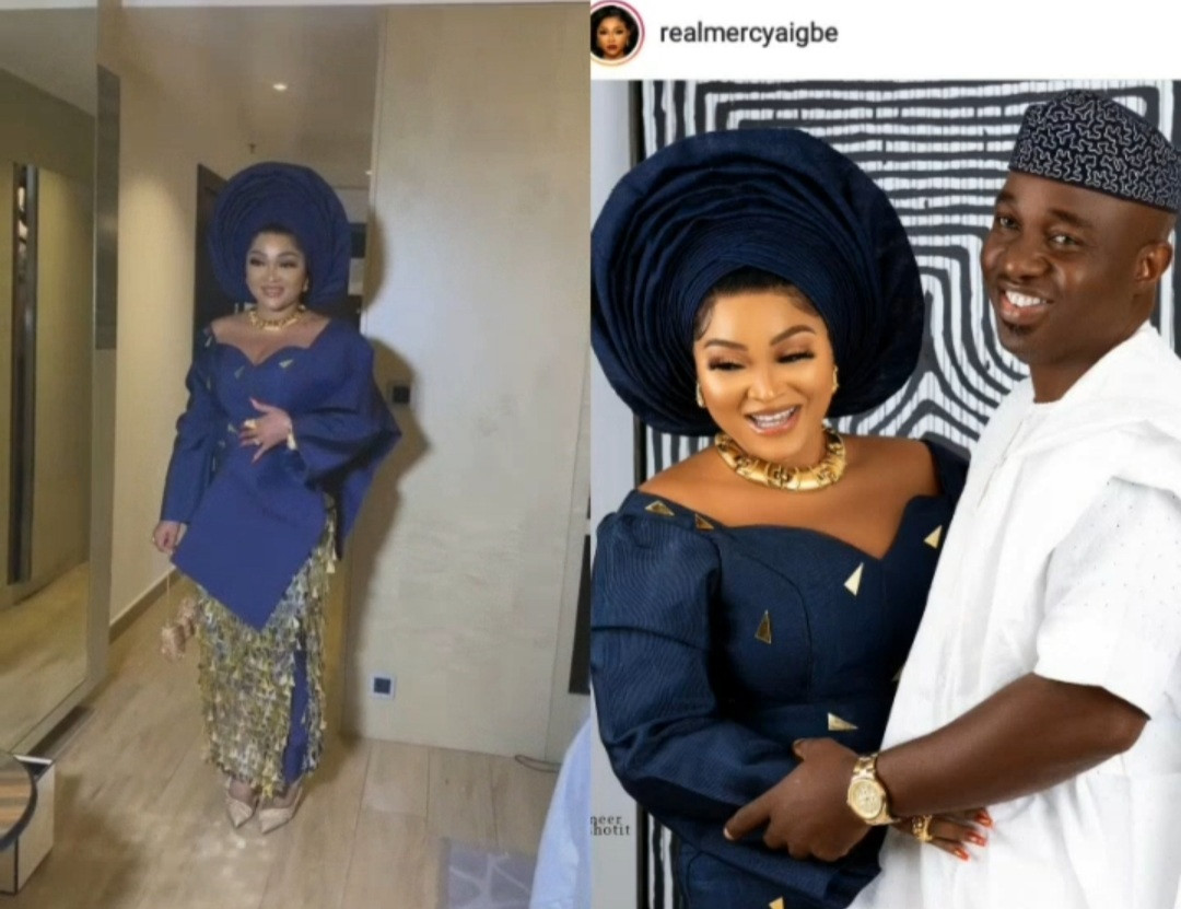Mercy Aigbe shows off outfit she wore on her wedding engagement to Kazim Adeoti