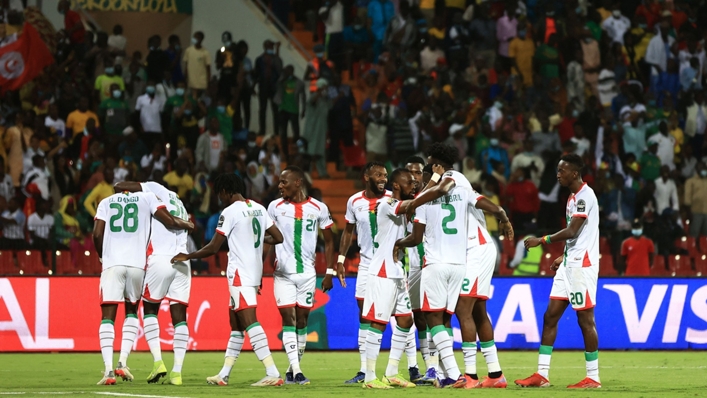 Burkina Faso players celebrate Dango Ouattara's goal against Tunisia
