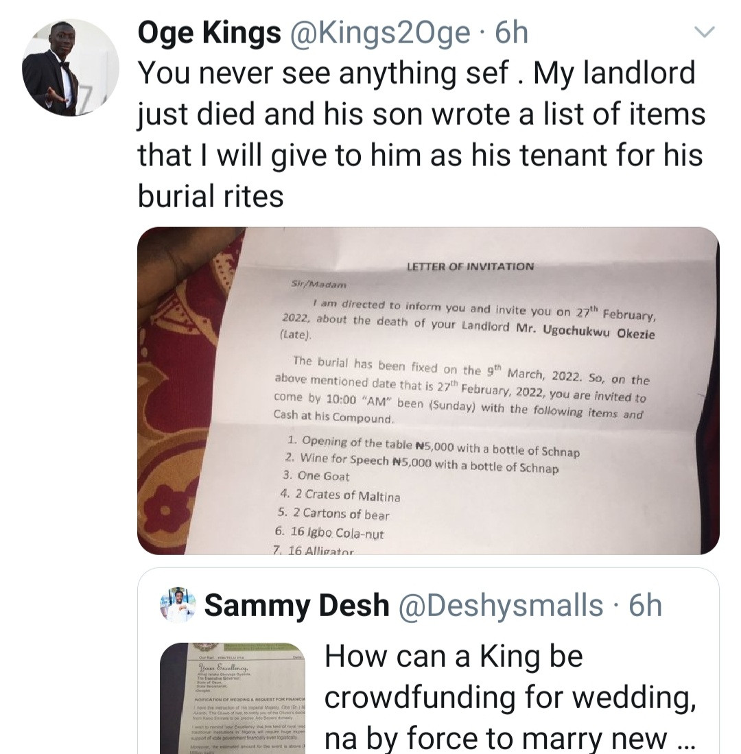 Tenant given list of items to contribute following death of his landlord 