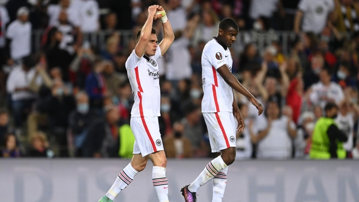 Eintracht Frankfurt's Rafael Borre (left) celebrates his stunning goal against Barcelona