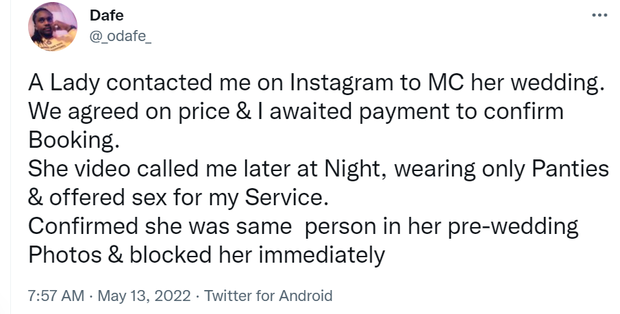 Man narrates how a lady offered him sex as payment for being an MC at her wedding