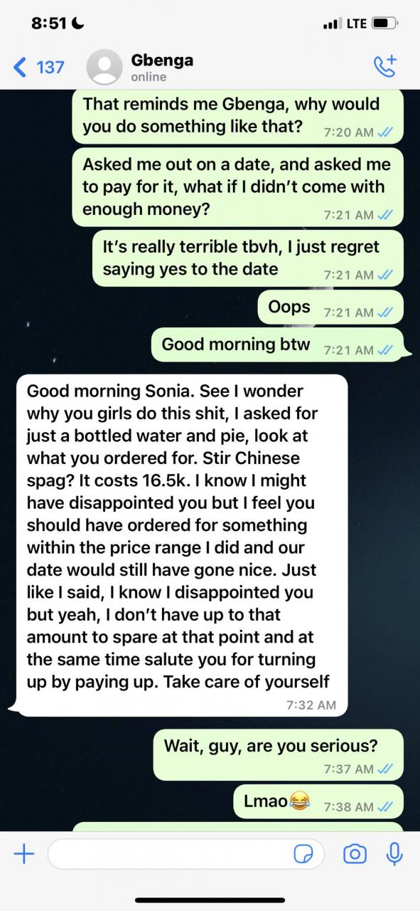 Lady shares screenshot of message she received from a man who asked her out on a date and made her pay for what she ordered 
