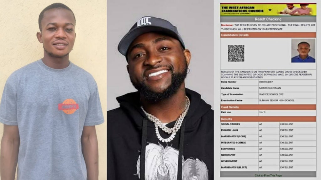 Davido awards 5 years scholarship to Ghanaian student, Morro Suleyman who scored A1 parallel in his WAEC exams