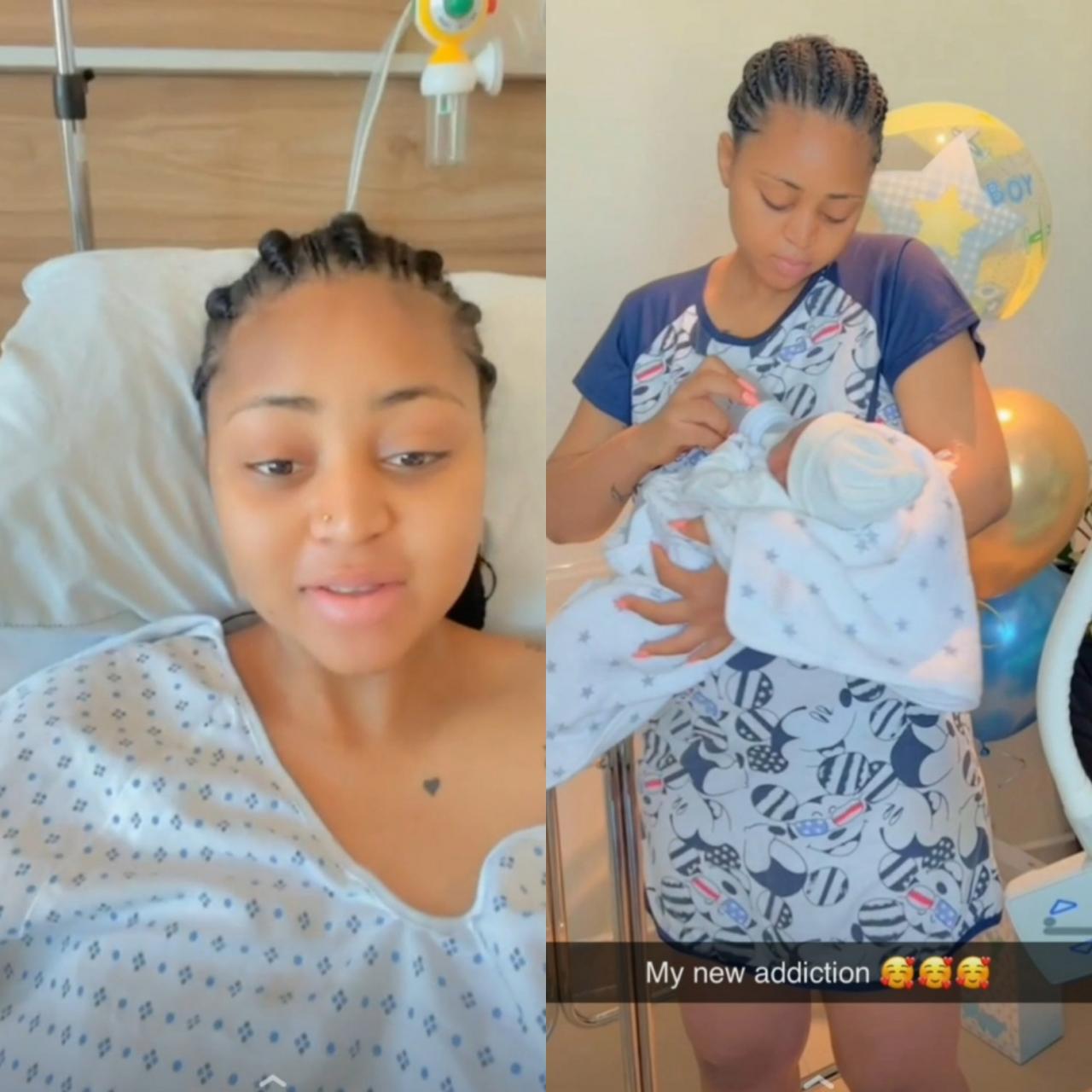 Regina Daniels cradles newborn son in new video shortly after giving birth