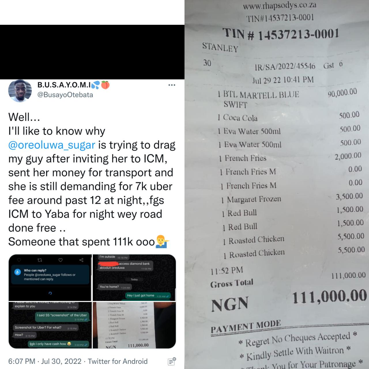 Lady drags man online because he refused to pay her N7k transport fare after spending N111, 000 on date with her 