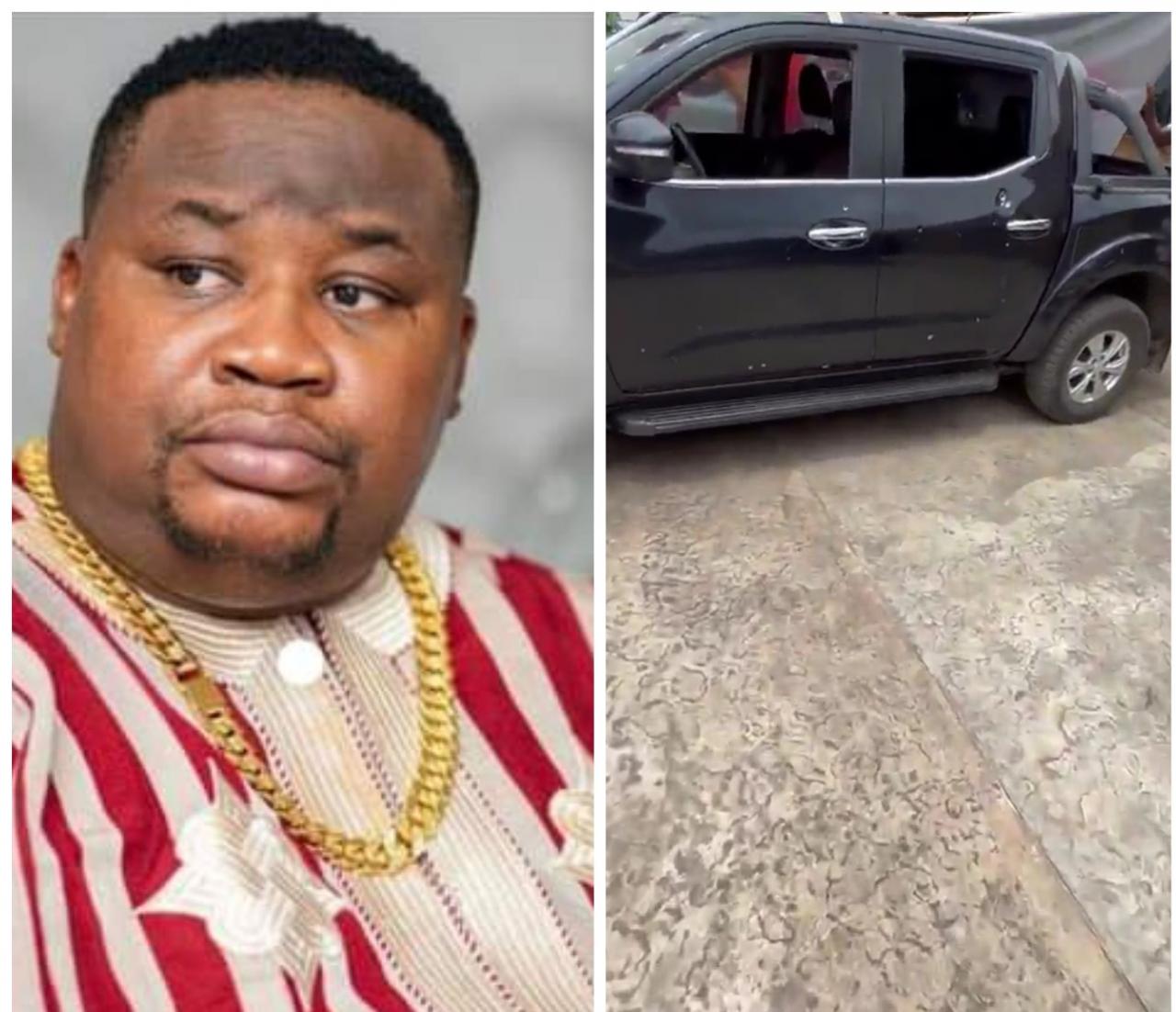Popular socialite, Cubana Chiefpriest narrowly escapes death as unknown gunmen attack his convoy in Anambra, riddle car with bullets (videos)