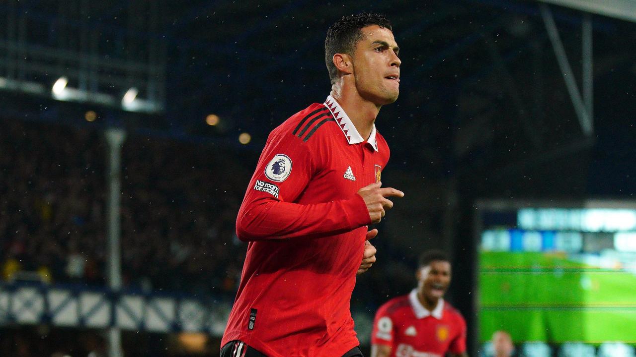 Manchester United’s Cristiano Ronaldo celebrates his winner against Everton (Peter Byrne/PA).