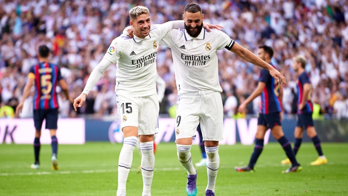 Real Madrid's Federico Valverde (left) and Karim Benzema celebrate against Barcelona