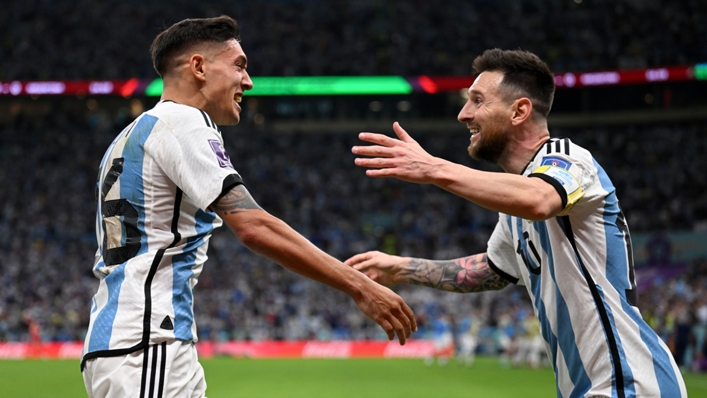 Nahuel Molina celebrates his goal with Lionel Messi