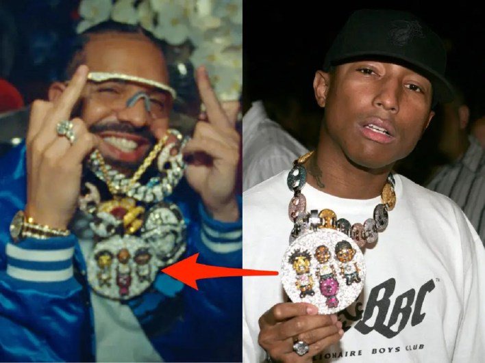 Drake flaunts a $2.2 million diamond chain that appears to have belonged to Pharrell in his new music video