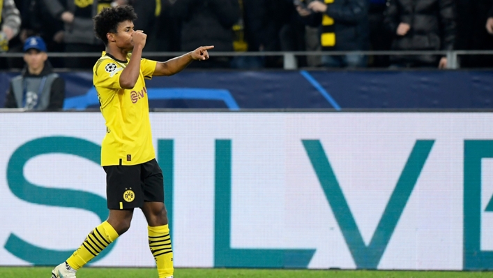 Karim Adeyemi celebrates his second-half goal for Borussia Dortmund